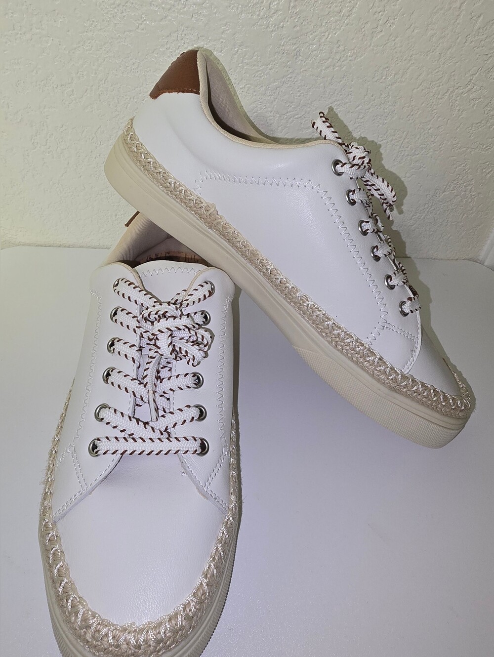 Lucky Brand White Sneakers with Tan Heel and Braided Trim